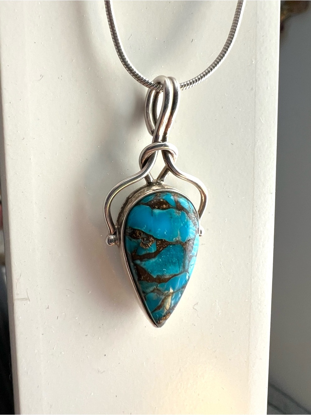 925 Sterling Silver Blue Matrix Turquoise Pendant Necklace 17” - Southwestern
